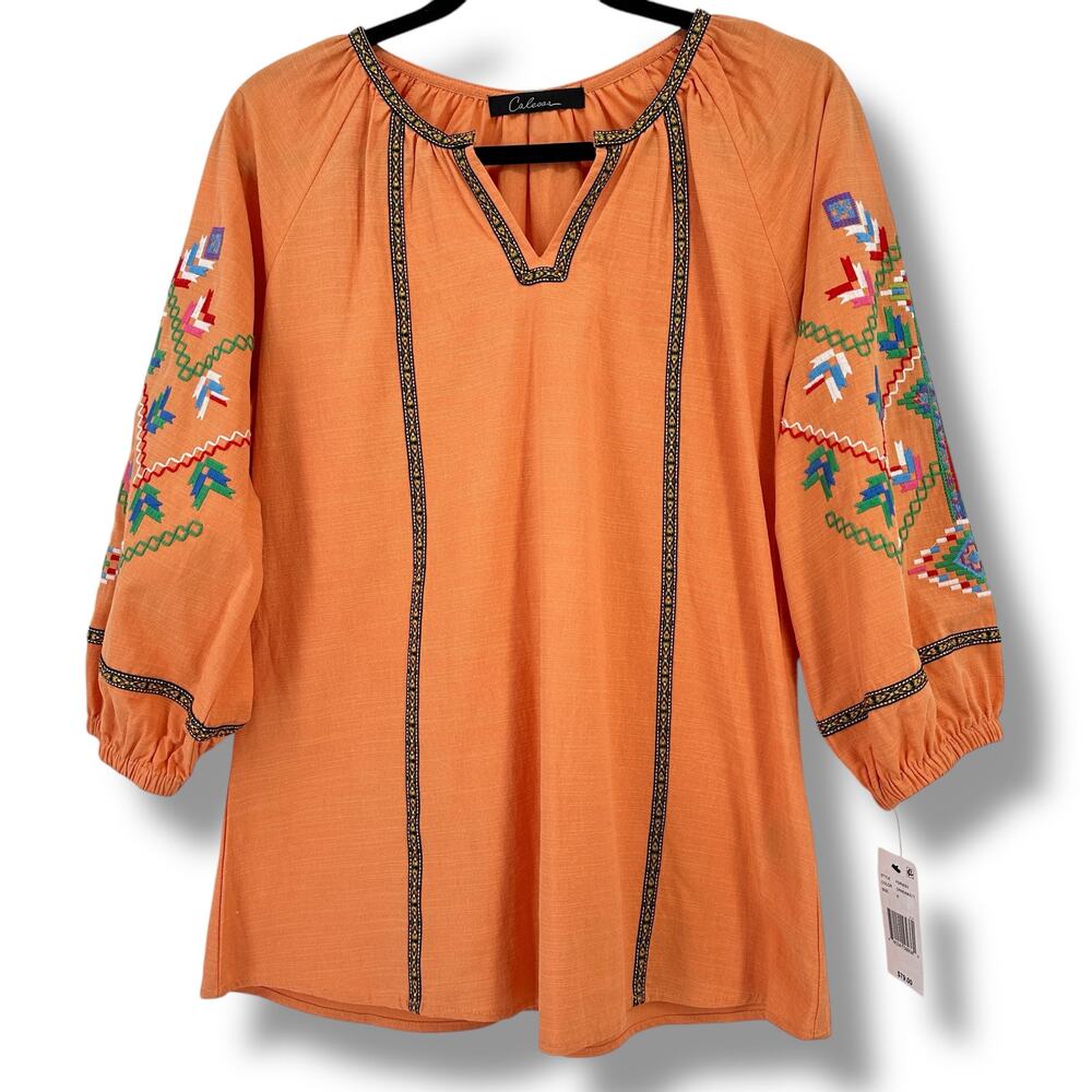 Embroidered Orange Peasant Blouse - Calia